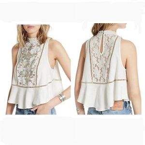 Free People White Ivory Pineapple Lace Embroidered Tank Top Crop Mock Neck XS